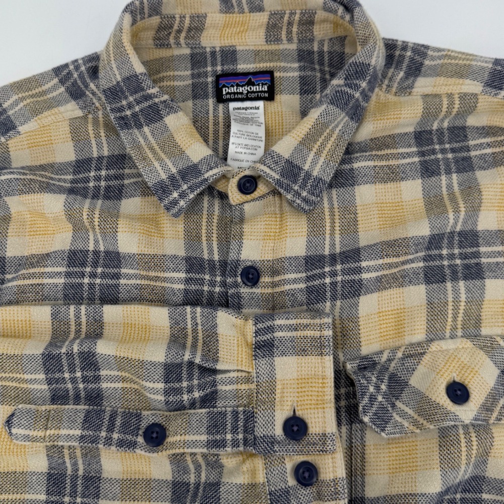Patagonia Mens XXL Long Sleeve Organic Cotton Plaid Flannel Shirt Yellow Grey